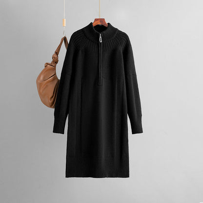 Zipper Woolen Autumn Winter Long Sleeve Thick Loose Mid Length Knitted Dress by Ragazza