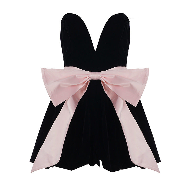 Fashionable High End Atmosphere Sweet Spicy Tube Top Pettiskirt Bow Decoration Patchwork Waist Slimming Contrast Color Velvet Dress by Ragazza