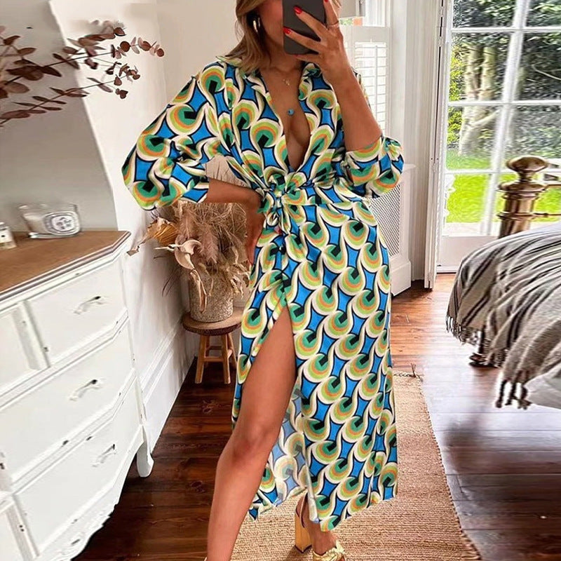 Women Clothing Autumn Sexy Slit Lace up Waist Controlled V neck Shirt Elegant Dress Women by Ragazza