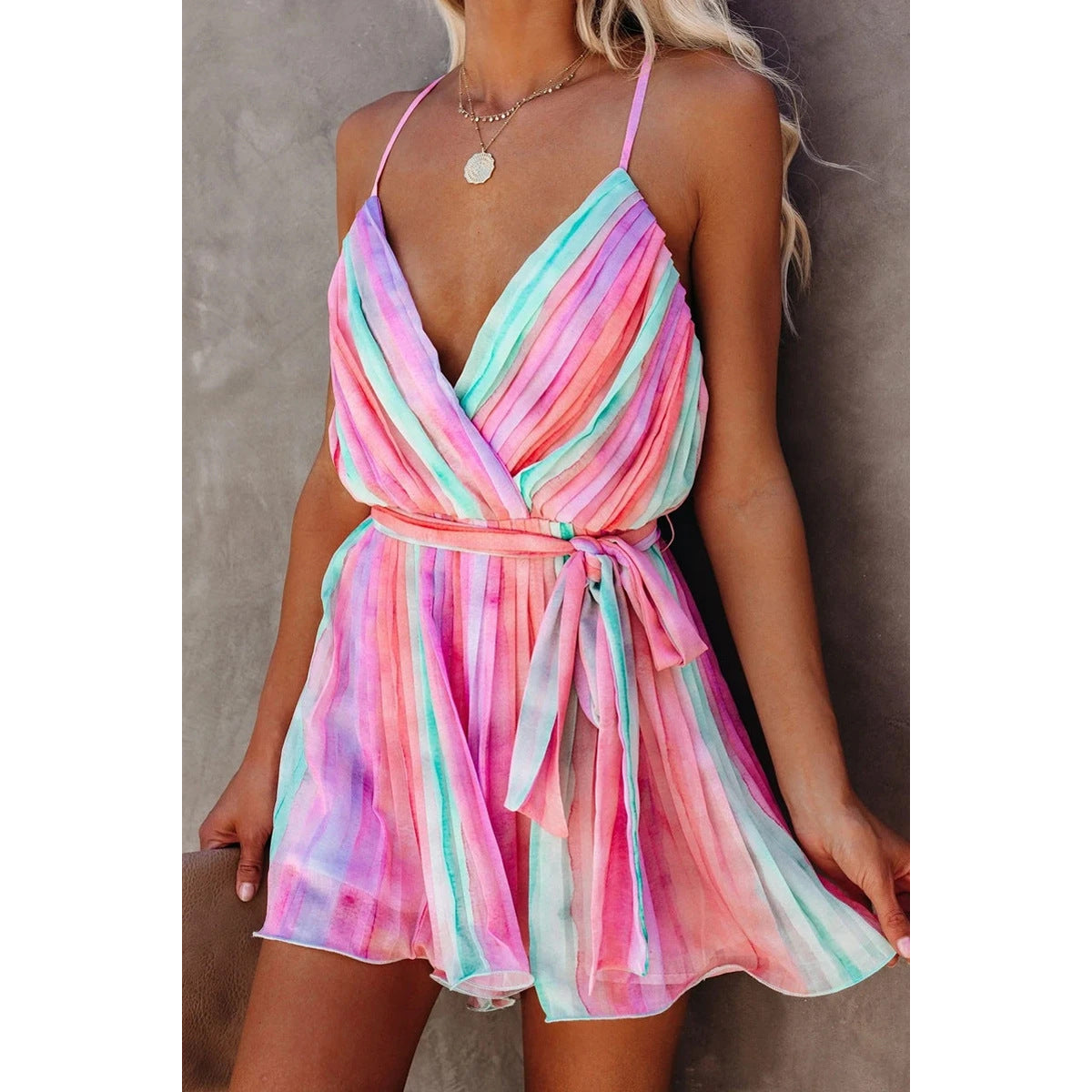 Spring Summer Suspender Pleated Chiffon Dress Home Lace up Sexy V neck Chiffon Dress by Ragazza