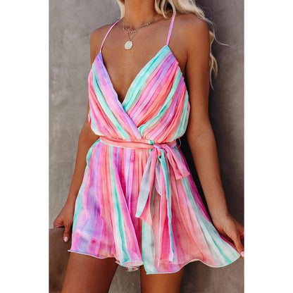 Spring Summer Suspender Pleated Chiffon Dress Home Lace up Sexy V neck Chiffon Dress by Ragazza