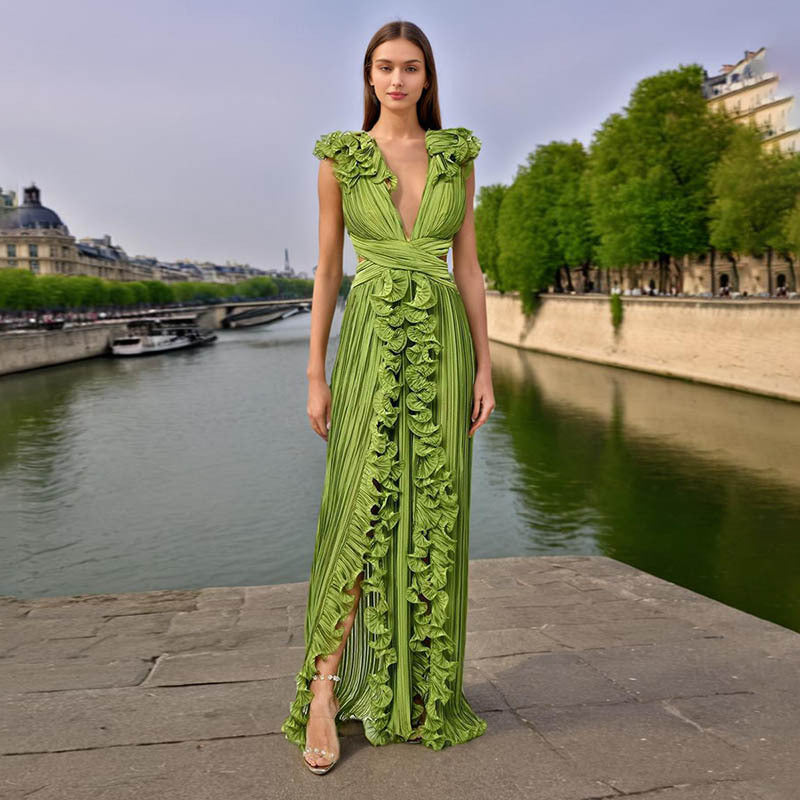 French Cocktail Maxi Dress Summer V Neck Pleated Ruffled Waist Slimming A Line Dress Women by Ragazza