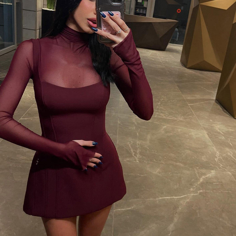 Women Clothing French Square Collar Mesh Stitching Solid Color Simple Waist Controlled A line Dress by Ragazza