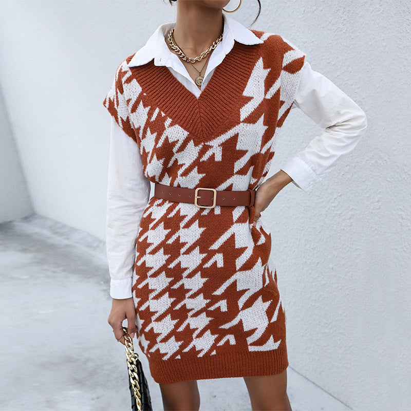 Women Wear Casual Long Sleeve Houndstooth Fall Winter Sweater Dress Outer Wear by Ragazza