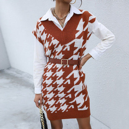 Women Wear Casual Long Sleeve Houndstooth Fall Winter Sweater Dress Outer Wear by Ragazza