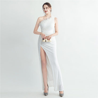 Hand Nailed Ostrich Feather Off Shoulder Roman Collar High End Sequined Evening Dress by Ragazza