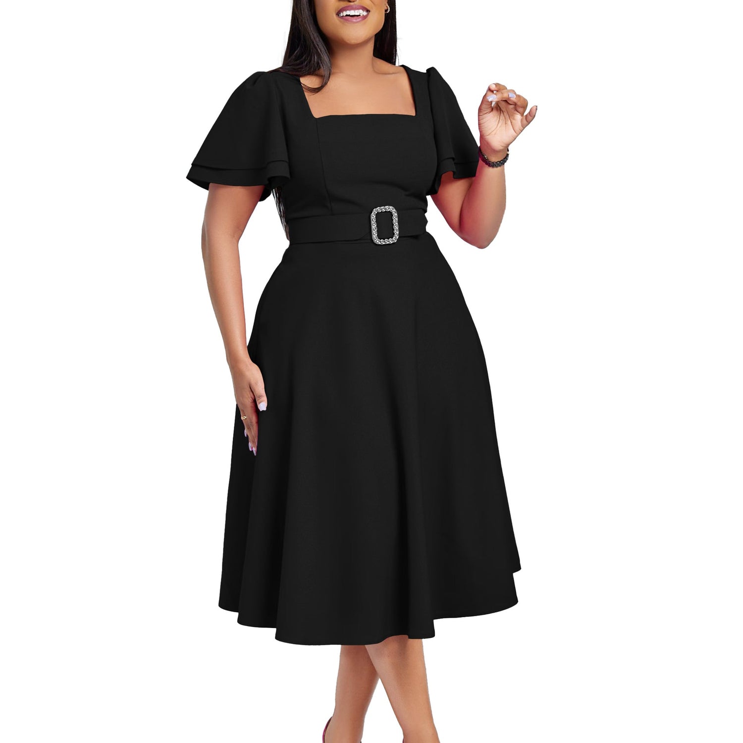 Women Clothing Flared Sleeves Square Collar High Waist Solid Color Elegant Dress by Ragazza