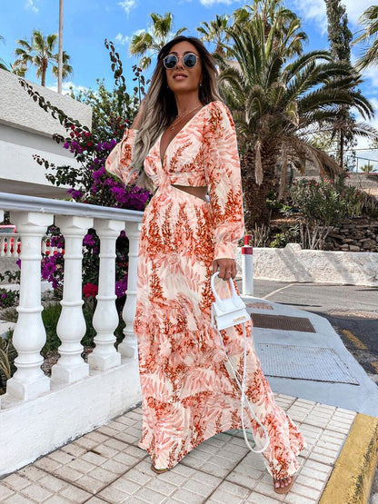 Women Wear Spring Long Printed V neck Long Sleeve Elegant Dress by Ragazza