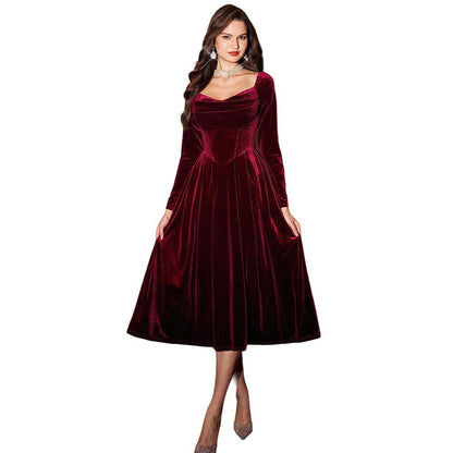 French Romantic Tea Break Wine Red Velvet Square Collar Long Sleeve Dress Autumn Winter Retro Mid Length A line Dress by Ragazza