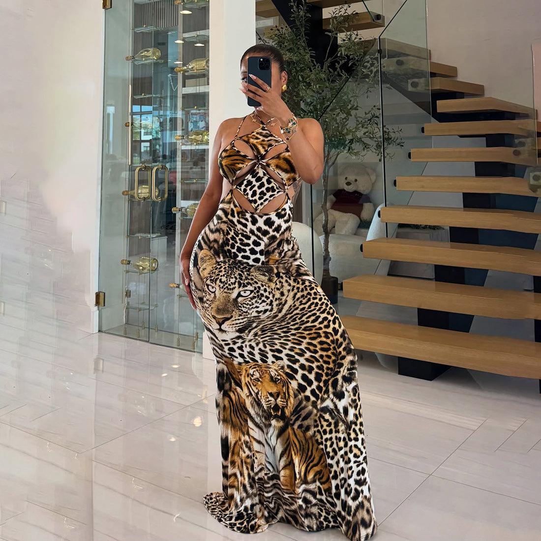 Autumn Winter Women Clothing Halter Lace up Tiger Stripe Pattern Sexy Backless Sheath Dress by Ragazza