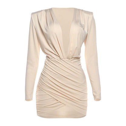 Autumn Winter Women Clothing Long Sleeve Solid Color Pleated Sexy Deep V Plunge neck Hip Sexy Dress by Ragazza