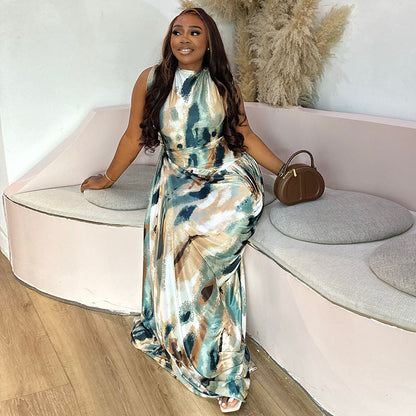 Color Matching Women Printed Wear Stylish Comfortable Loose Hip Dress Pleated Waist Maxi Dress by Ragazza