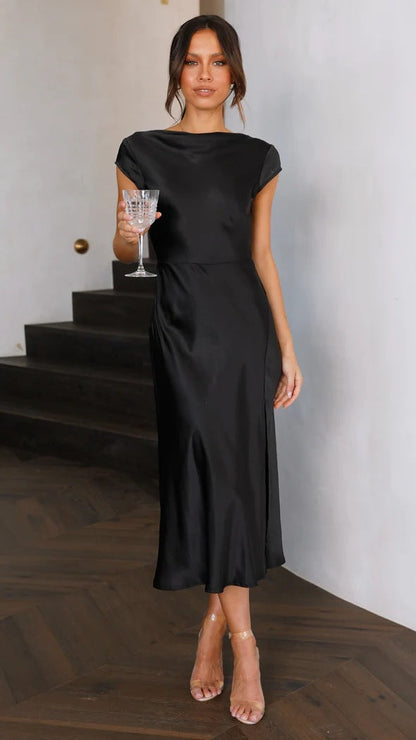 Summer Women Solid Color Swing Collar Back Twist Hollow Out Cutout Short Sleeve Mid Length Dress by Ragazza