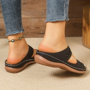 Hollow Out Cutout Embroidered Platform Peep Toe Slippers Women Lightweight Sewing Thread Wedge Beach Slippers  DestGlow