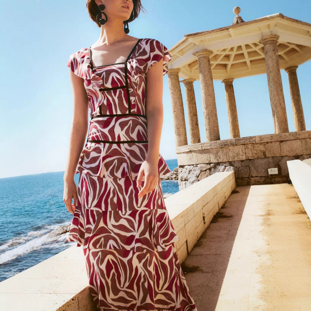 Digital Printing Ruffled Backless Dress Women by Ragazza
