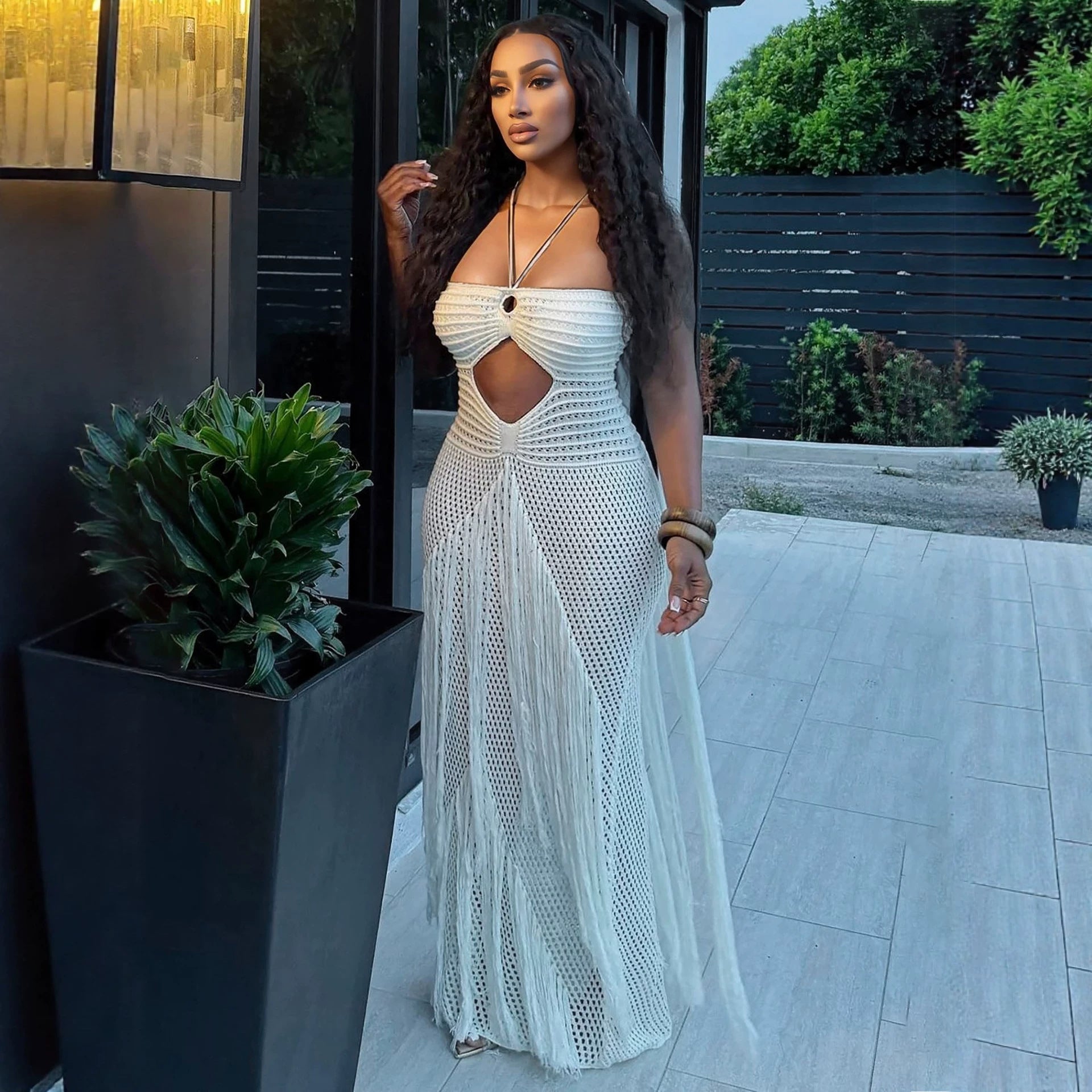 Hollow Out Cutout Bikini Cover Sexy Waist Drawstring Tassel Knitted Beach Dress for Women  DestGlow