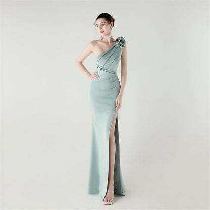 One Shoulder Three Dimensional Floral Satin Folding High Slit Sexy Evening Dress Dinner Wedding Social by Ragazza