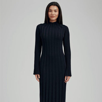 Autumn Winter Knitted Dress Casual Waist Tight round Neck Large Pit High Collar Slimming Knitted Maxi Dress for Women  DestGlow