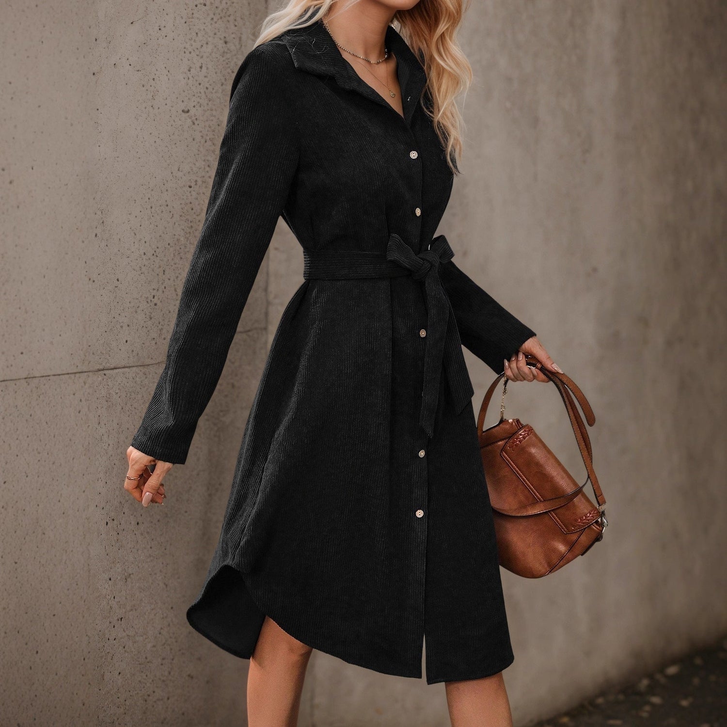 Autumn Winter Long Sleeves Corduroy Dress Front Cardigan Belt Irregular Asymmetric Shirt Dress by Ragazza