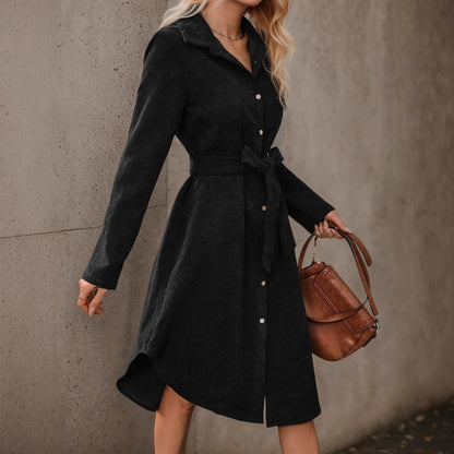 Autumn Winter Long Sleeves Corduroy Dress Front Cardigan Belt Irregular Asymmetric Shirt Dress by Ragazza