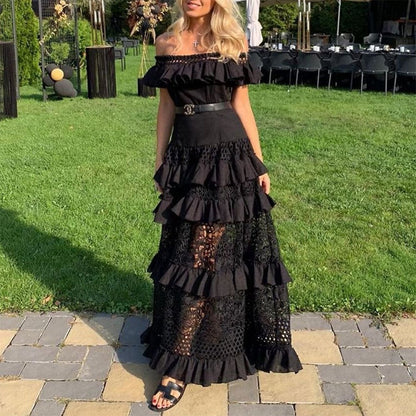 Summer Women Clothing off Shoulder Ruffled Hollow Out Cutout Wide Hem Lace Long Dress by Ragazza