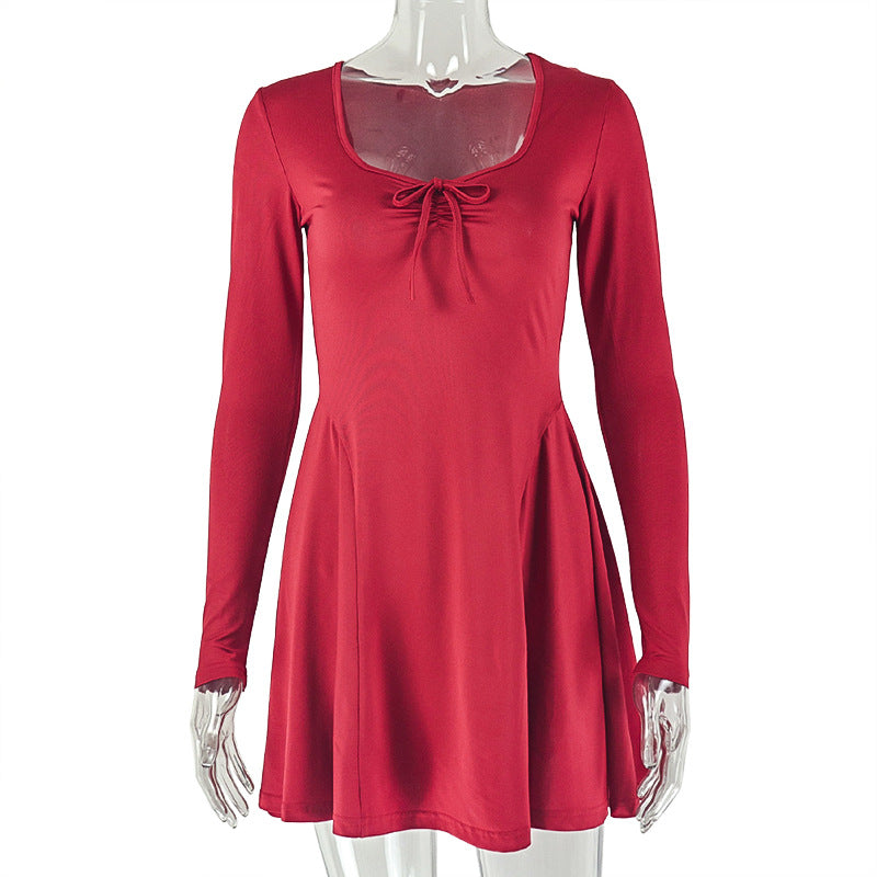 Women Clothing Outdoor All Matching Date A line Dress Pleated Long Sleeve Solid Color Dress by Ragazza