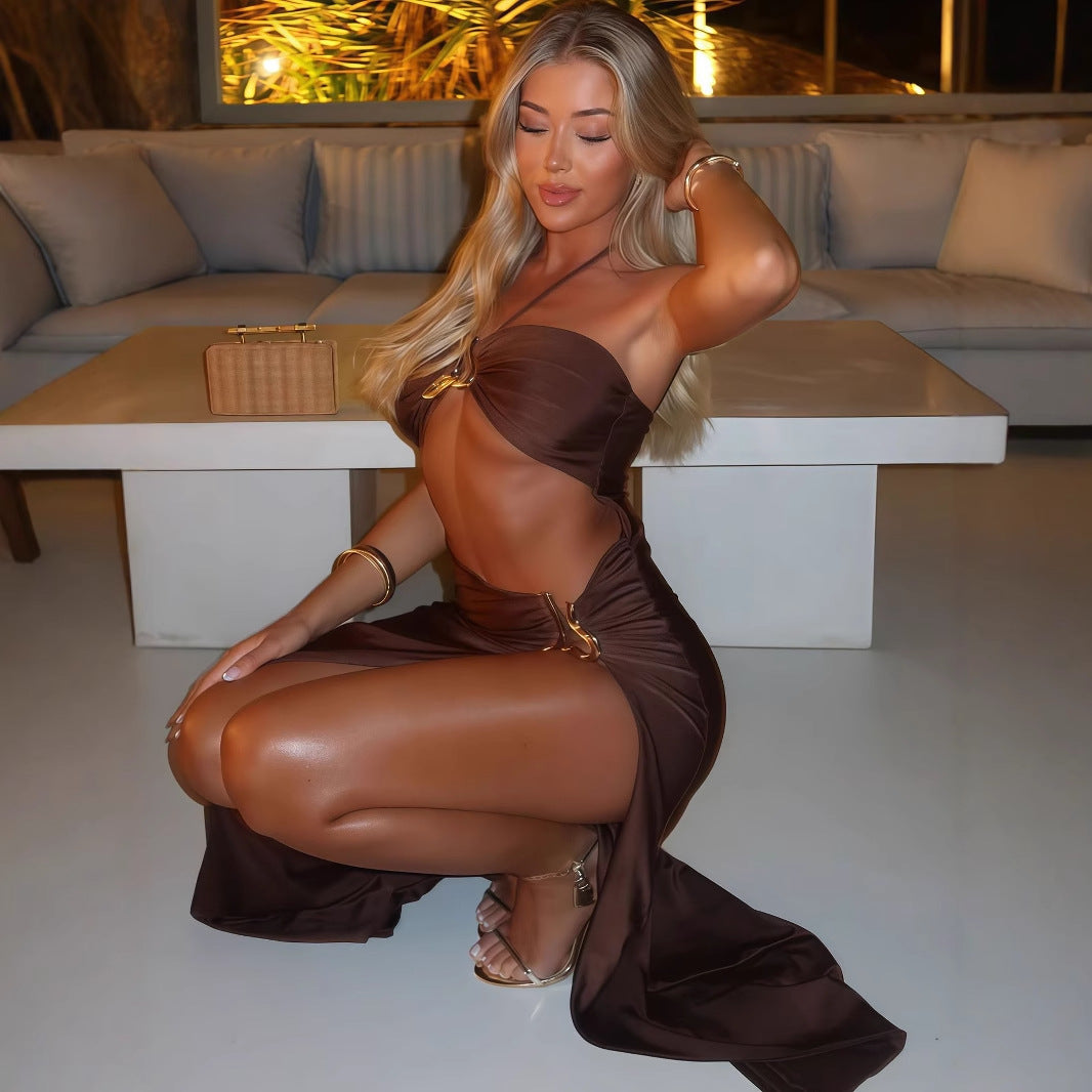 Women Clothing Summer Sexy Lace up Cutout Metal Decoration Split Dress by Ragazza