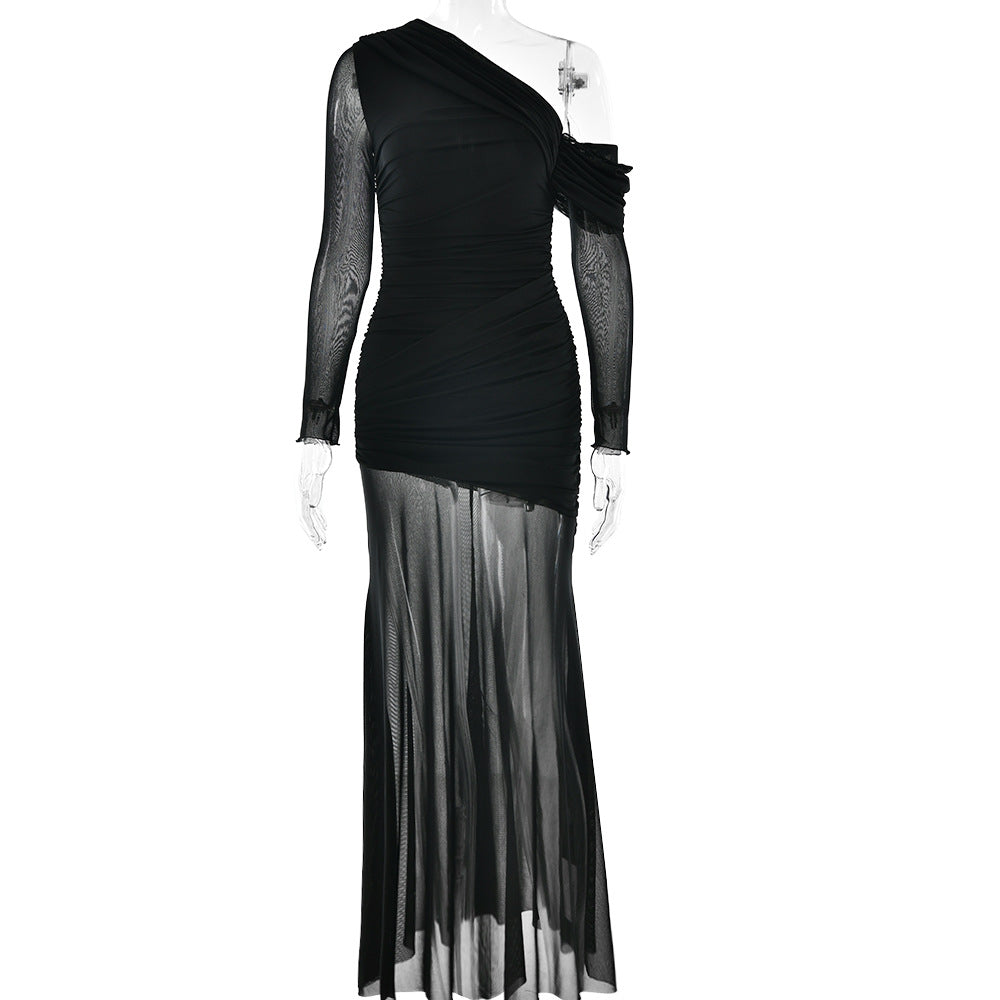 Women Dress Mesh Stitching Pleated Solid Color Long Sleeve Slim Fit Maxi Dress by Ragazza