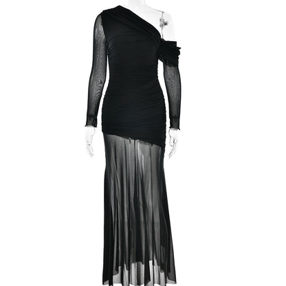 Women Dress Mesh Stitching Pleated Solid Color Long Sleeve Slim Fit Maxi Dress by Ragazza