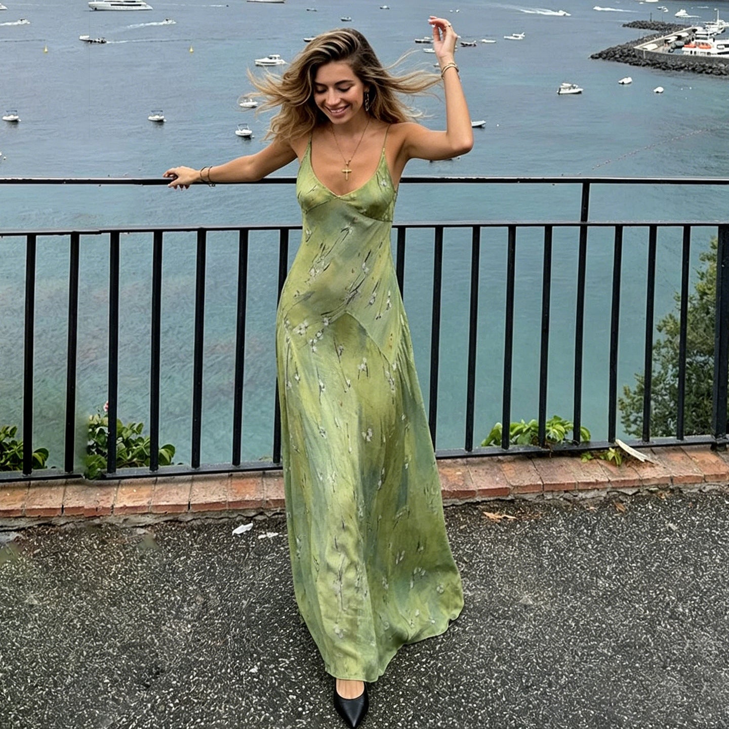 Romantic Floral Printed V neck Strap Dress Vacation Fresh Stylish Elegant Expansion Dress Women  DestGlow