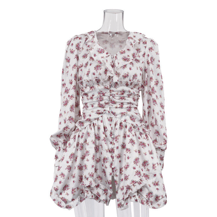 Women Clothing French Waist Dress Arrival V neck Long Sleeve Fold Floral A line Dress  DestGlow