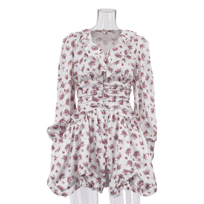 Women Clothing French Waist Dress Arrival V neck Long Sleeve Fold Floral A line Dress  DestGlow