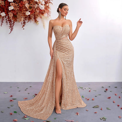 Light Luxury Sequ Tube Top Sexy High Waist Slit Fishtail Evening Dress Cocktail High Grade Socialite Dress by Ragazza
