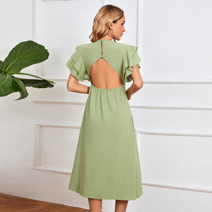 Spring Summer Women Clothing V neck Sexy Backless A line Midi Dress by Ragazza