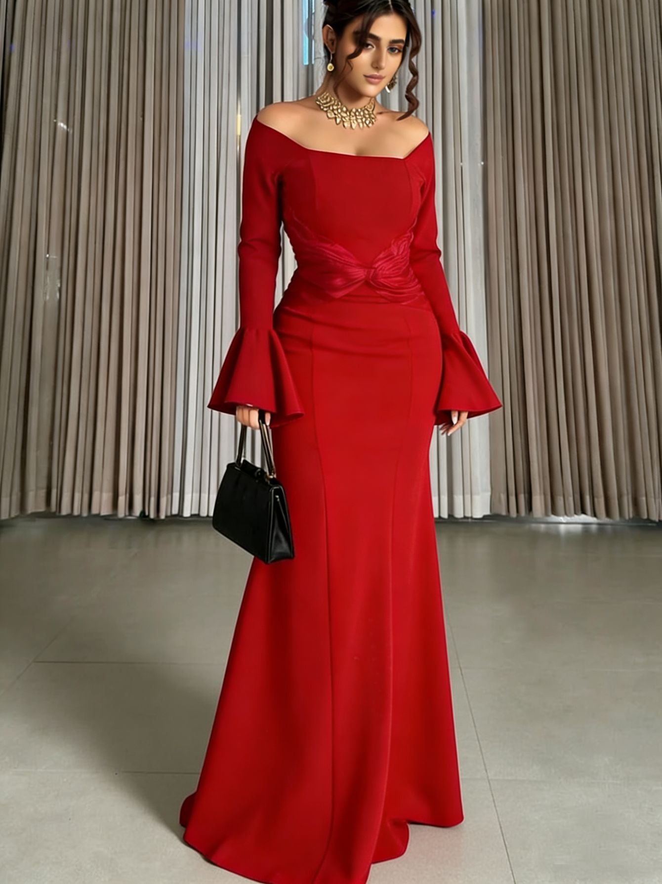 Women Clothes Long Sleeve off Shoulder Stitching Ruffle Slim Dress by Ragazza