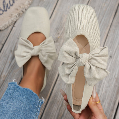 Autumn Bow Knitted Square Toe Flat Shoes Women Breathable Low Cut Tods Casual Shoes  DestGlow