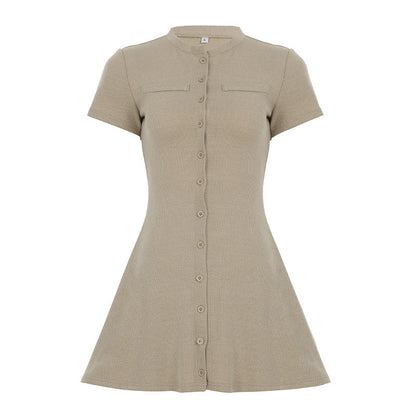 Women Clothing Solid Color Classic Knitted Dress round Neck Single Breasted Short Sleeve Waist A line Dress by Ragazza