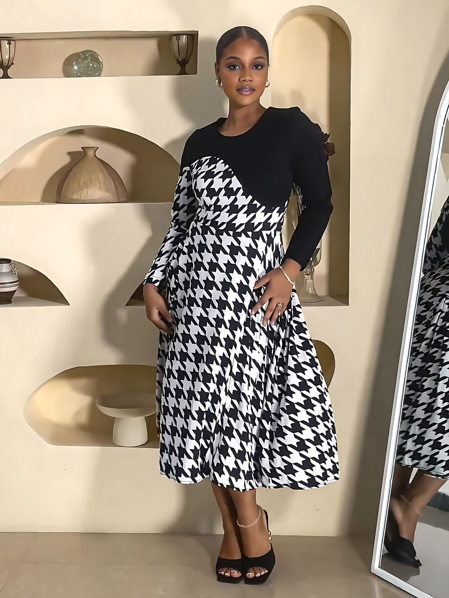 Stitching Houndstooth Spring Autumn All Match Long Sleeve Women Dress by Ragazza