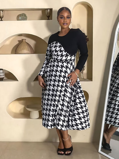 Stitching Houndstooth Spring Autumn All Match Long Sleeve Women Dress by Ragazza