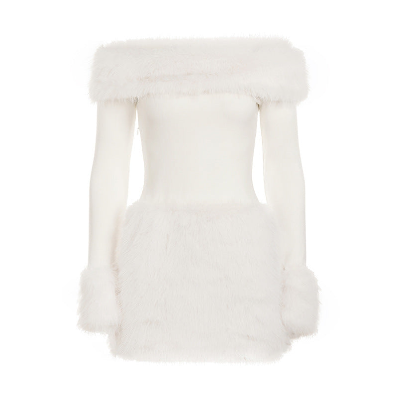 Autumn Winter Elegant Women Party Furry Stitching off Shoulder Dress Sexy Slim Long Sleeve Hip Dress by Ragazza