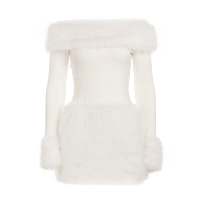 Autumn Winter Elegant Women Party Furry Stitching off Shoulder Dress Sexy Slim Long Sleeve Hip Dress by Ragazza