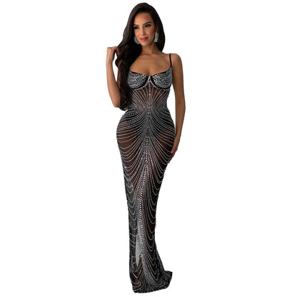 Women Wear Solid Color Mesh Drilling Sling Maxi Dress by Ragazza