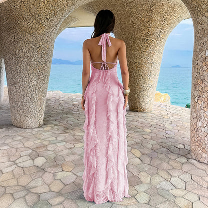Women Summer Elegant Deep V Plunge Halter off the Shoulder Maxi Dress by Ragazza