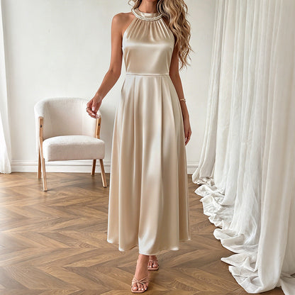 Simple Light Luxury Champagne Satin Halter Beaded Collar Dress by Ragazza