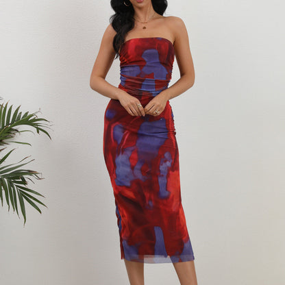Women Clothing Spring Summer Mesh Printed Double Layer Sexy Side Slit Dress by Ragazza
