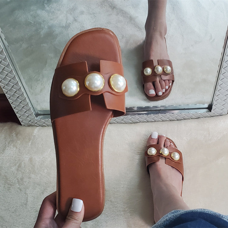 Pearl Flat Slippers Women Summer Solid Color Square Toe Outdoor Beach Slippers  DestGlow