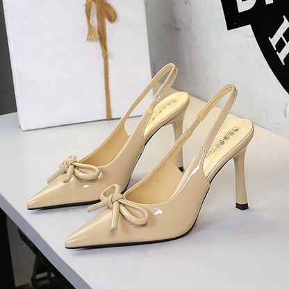 Sexy Nightclub Goddess High Heels Bow Patent Leather Pointed Toe Slingback Back Strap Pumps  DestGlow
