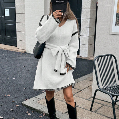 Idle Tie Waist Trimming Loose Knitted V neck Long Sleeve Fall Mid Length Dress Women by Ragazza