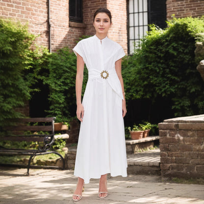 White Stand Collar Sun Metal Decoration Belt Waist Design Short Sleeve Long Pattern Dress  DestGlow
