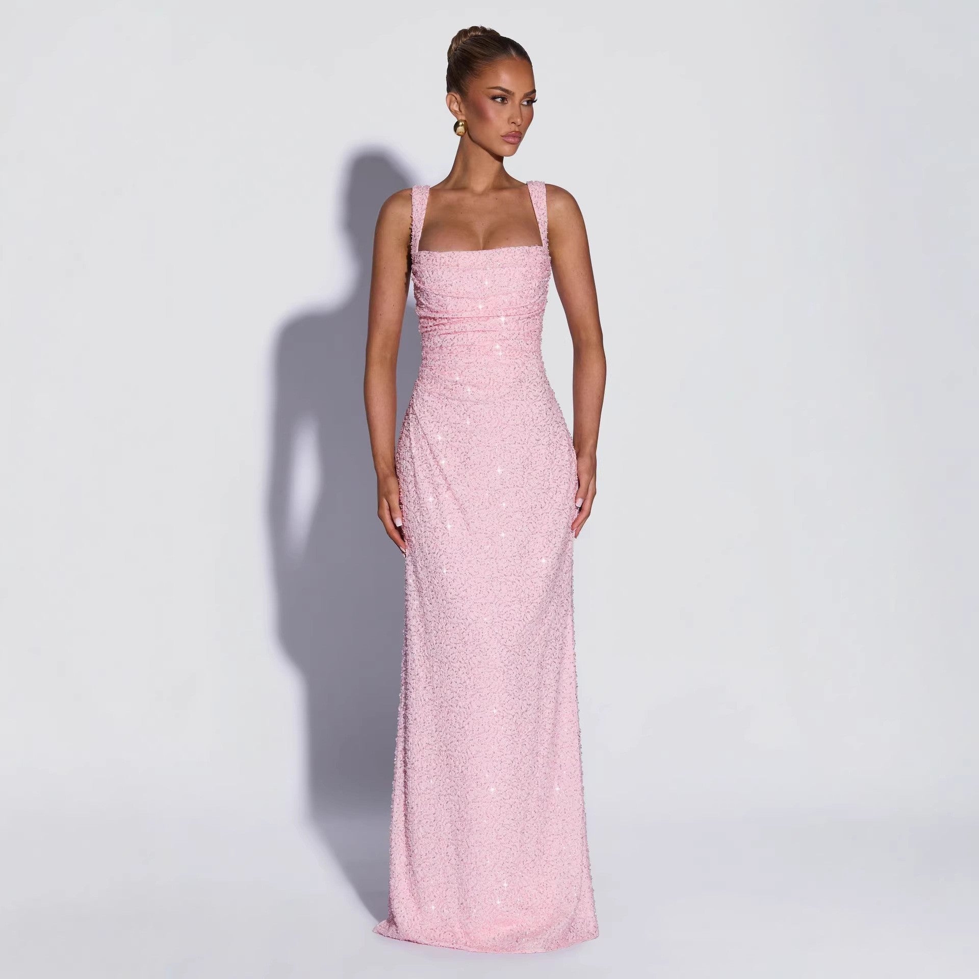 Personalized Sequined Solid Color Tube Top Dress Women Spring Sleeveless Suspenders Split Waist Fitted Maxi Dress  DestGlow
